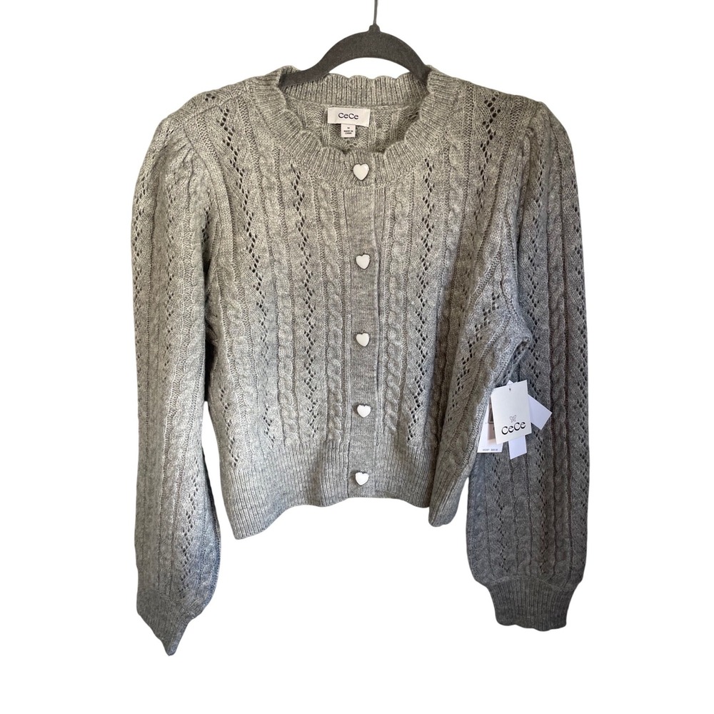 CeCe Women Light Heather Grey Cable Knit Heart Button Cardigan Sweater C475ASB